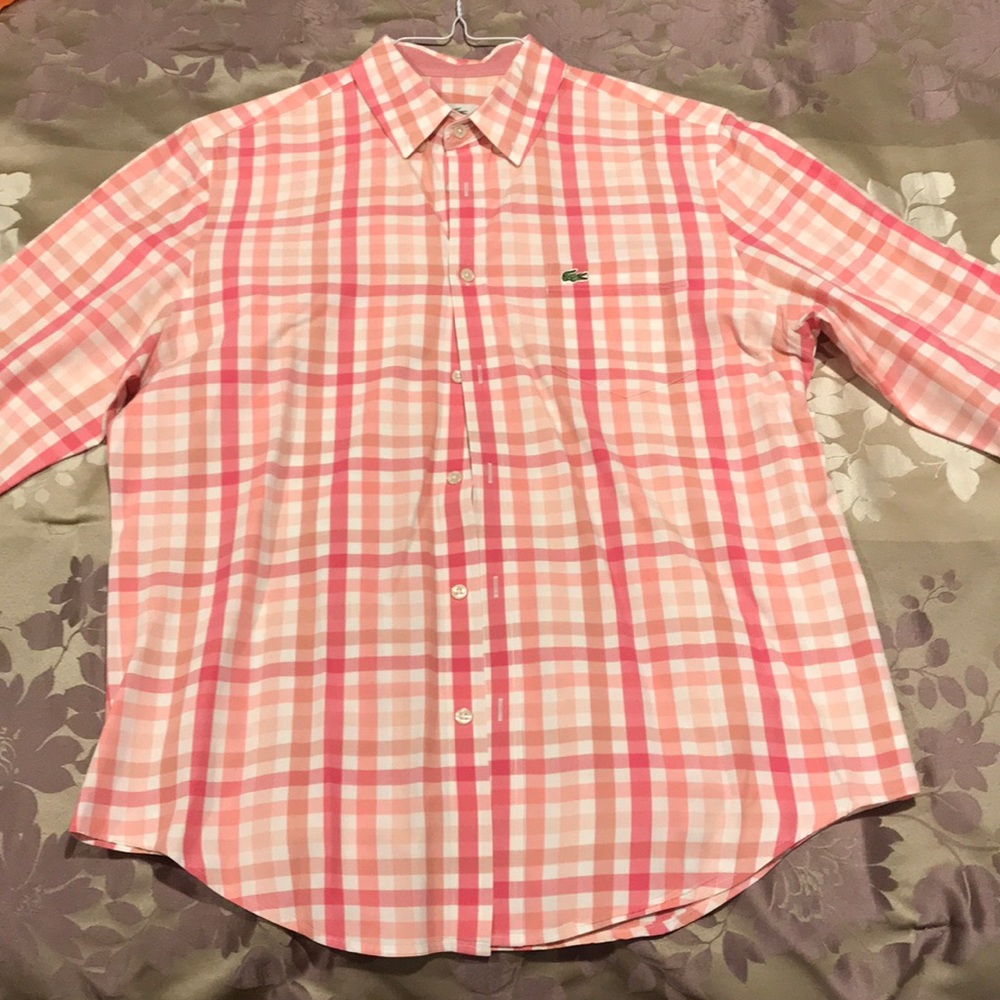 Lacoste mens pink striped button down shirt
